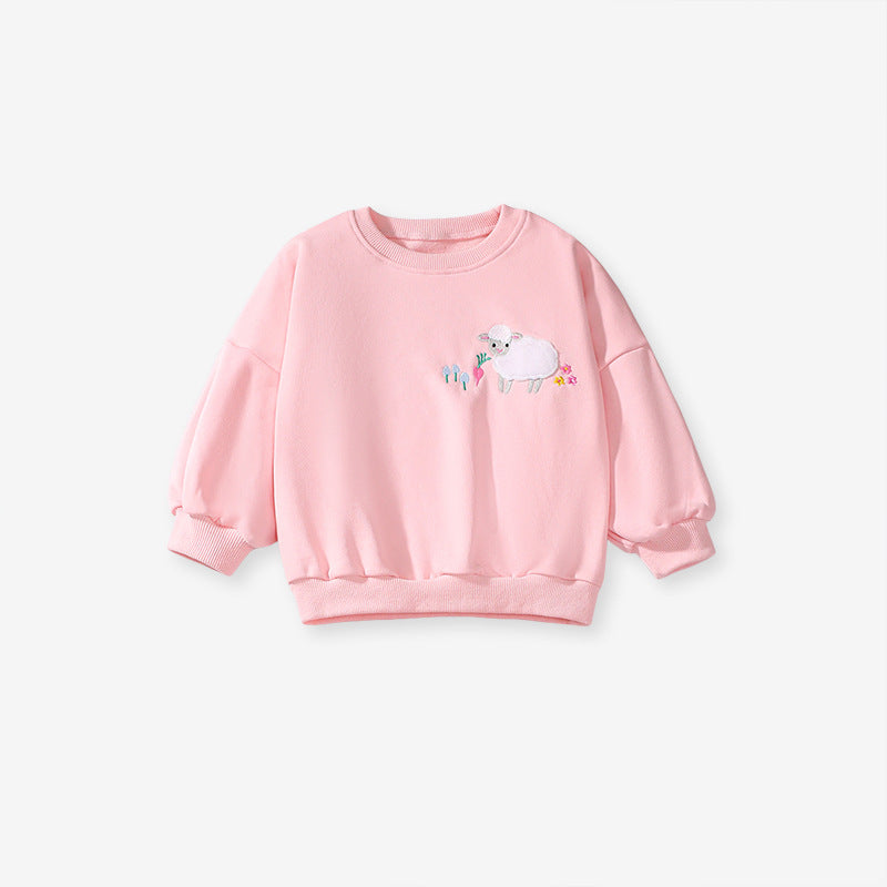 A pink long sleeves top for girls featuring a cute sheep cartoon pattern, made from cotton and polyester, perfect for spring and autumn.