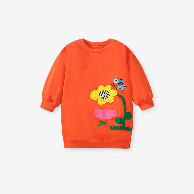 Spring and Autumn Girls Flower Bee Pattern Top Sweatshirt in grey and orange, featuring floral and bee designs, suitable for ages 12 months to 10 years.