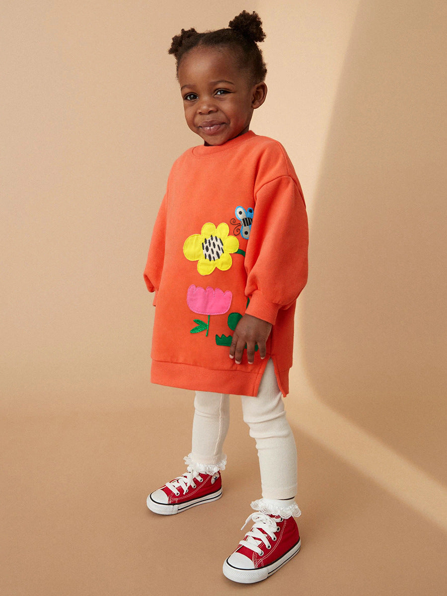 Spring and Autumn Girls Flower Bee Pattern Top Sweatshirt in grey and orange, featuring floral and bee designs, suitable for ages 12 months to 10 years.