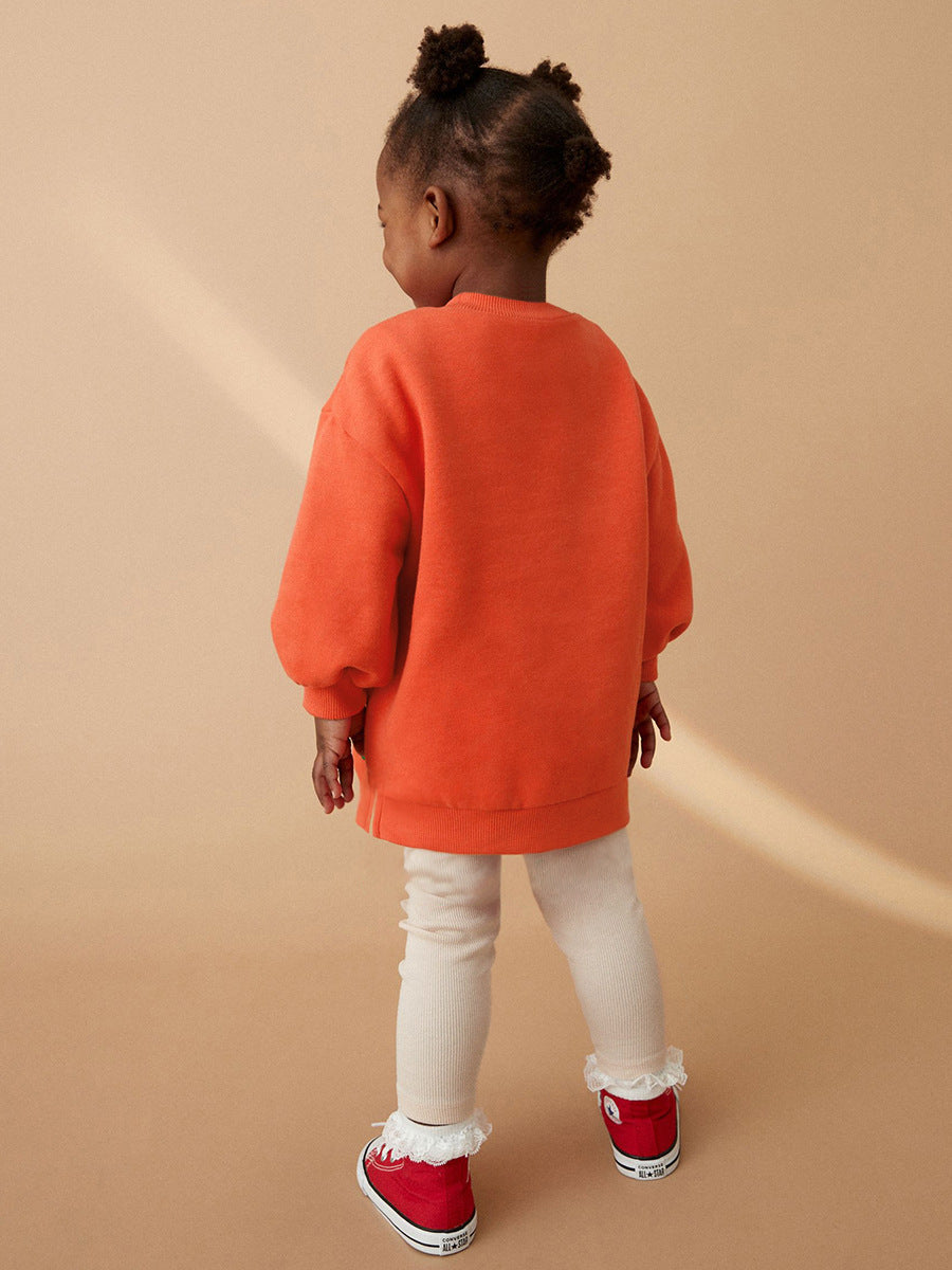 Spring and Autumn Girls Flower Bee Pattern Top Sweatshirt in grey and orange, featuring floral and bee designs, suitable for ages 12 months to 10 years.