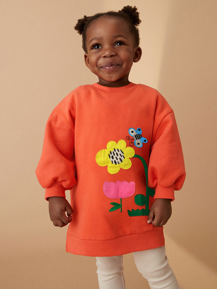 Spring and Autumn Girls Flower Bee Pattern Top Sweatshirt in grey and orange, featuring floral and bee designs, suitable for ages 12 months to 10 years.