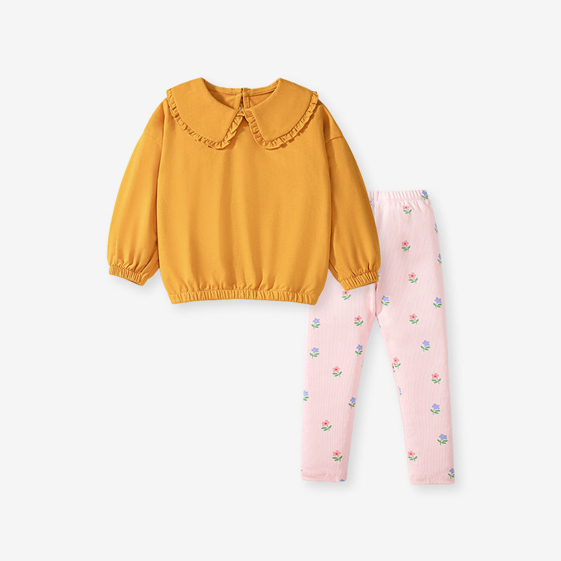 A vibrant yellow long-sleeve top for girls featuring a preppy collar, made from cotton and polyester, perfect for spring and autumn wear.
