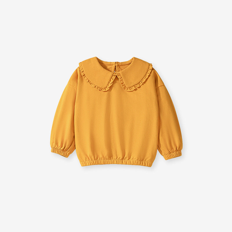 A vibrant yellow long-sleeve top for girls featuring a preppy collar, made from cotton and polyester, perfect for spring and autumn wear.