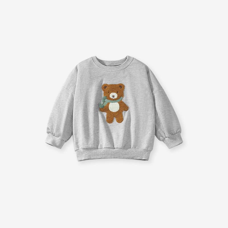 A grey long-sleeve sweatshirt for girls featuring a cute teddy bear cartoon pattern, made from soft cotton and polyester blend.