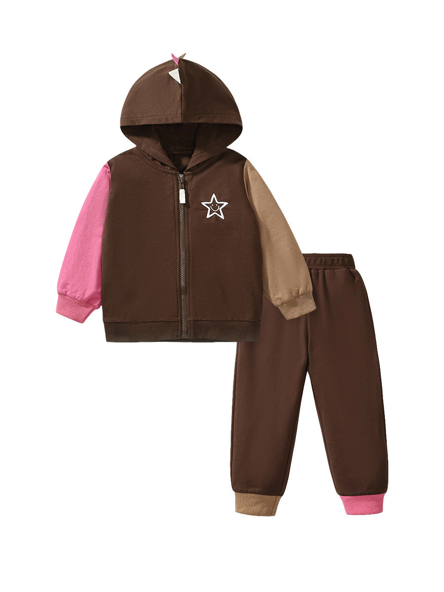Spring and Autumn Kids Unisex Casual Color Patchwork Long Sleeves in coffee color, showcasing stylish patchwork design and soft cotton material.