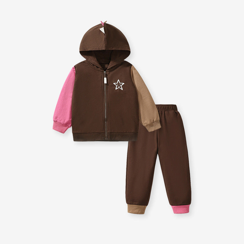 Spring and Autumn Kids Unisex Casual Color Patchwork Long Sleeves in coffee color, showcasing stylish patchwork design and soft cotton material.