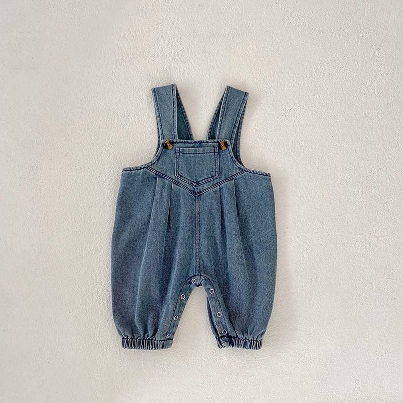 Unisex baby denim sleeveless overalls romper in blue, perfect for spring and autumn wear.