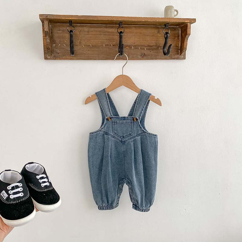 Unisex baby denim sleeveless overalls romper in blue, perfect for spring and autumn wear.