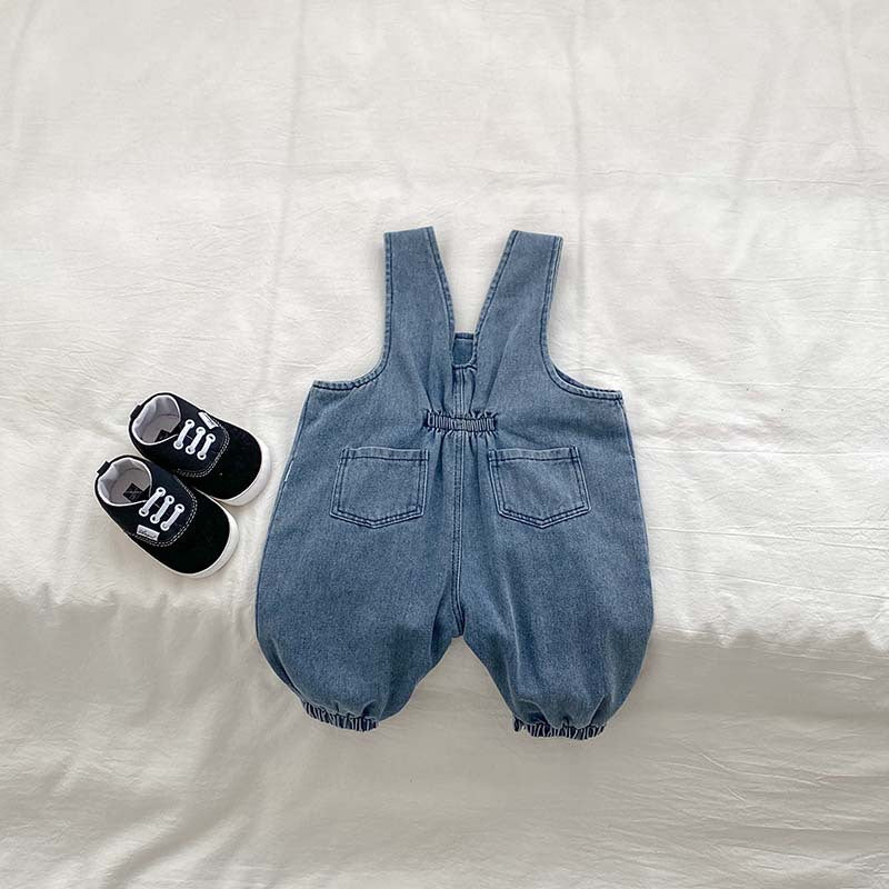 Unisex baby denim sleeveless overalls romper in blue, perfect for spring and autumn wear.
