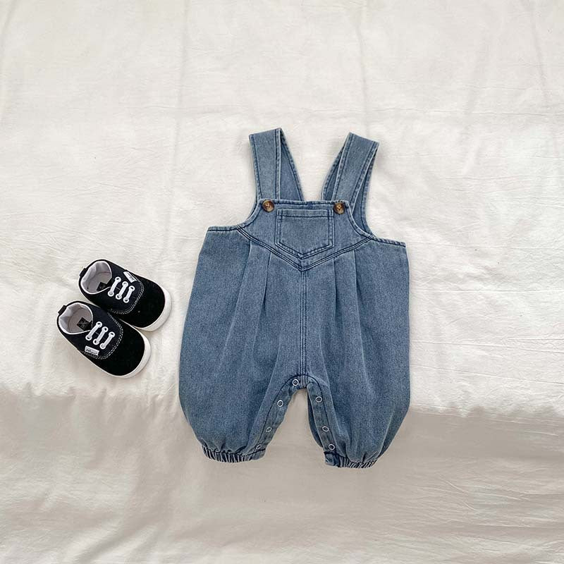 Unisex baby denim sleeveless overalls romper in blue, perfect for spring and autumn wear.