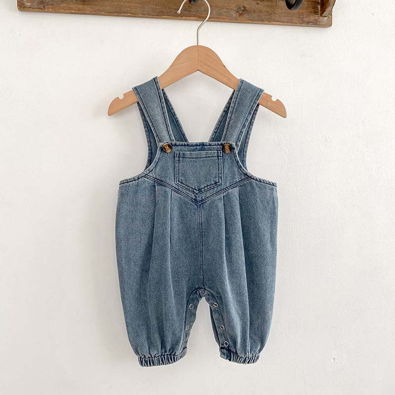 Unisex baby denim sleeveless overalls romper in blue, perfect for spring and autumn wear.