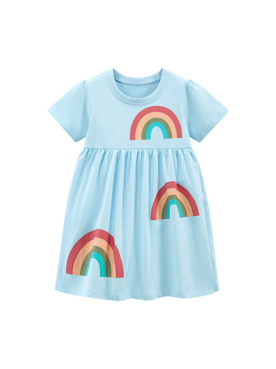 A cute blue short sleeves dress for baby girls featuring a colorful rainbow pattern, perfect for spring and summer wear.
