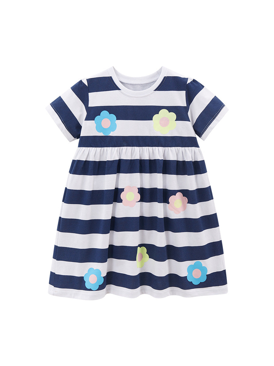 A cute navy blue striped floral short sleeve dress for baby girls, perfect for spring and summer wear.