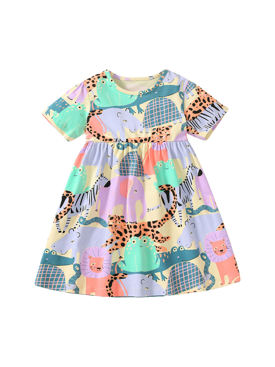 A cute apricot dress for baby girls featuring playful animal and cartoon patterns, perfect for spring and summer wear.