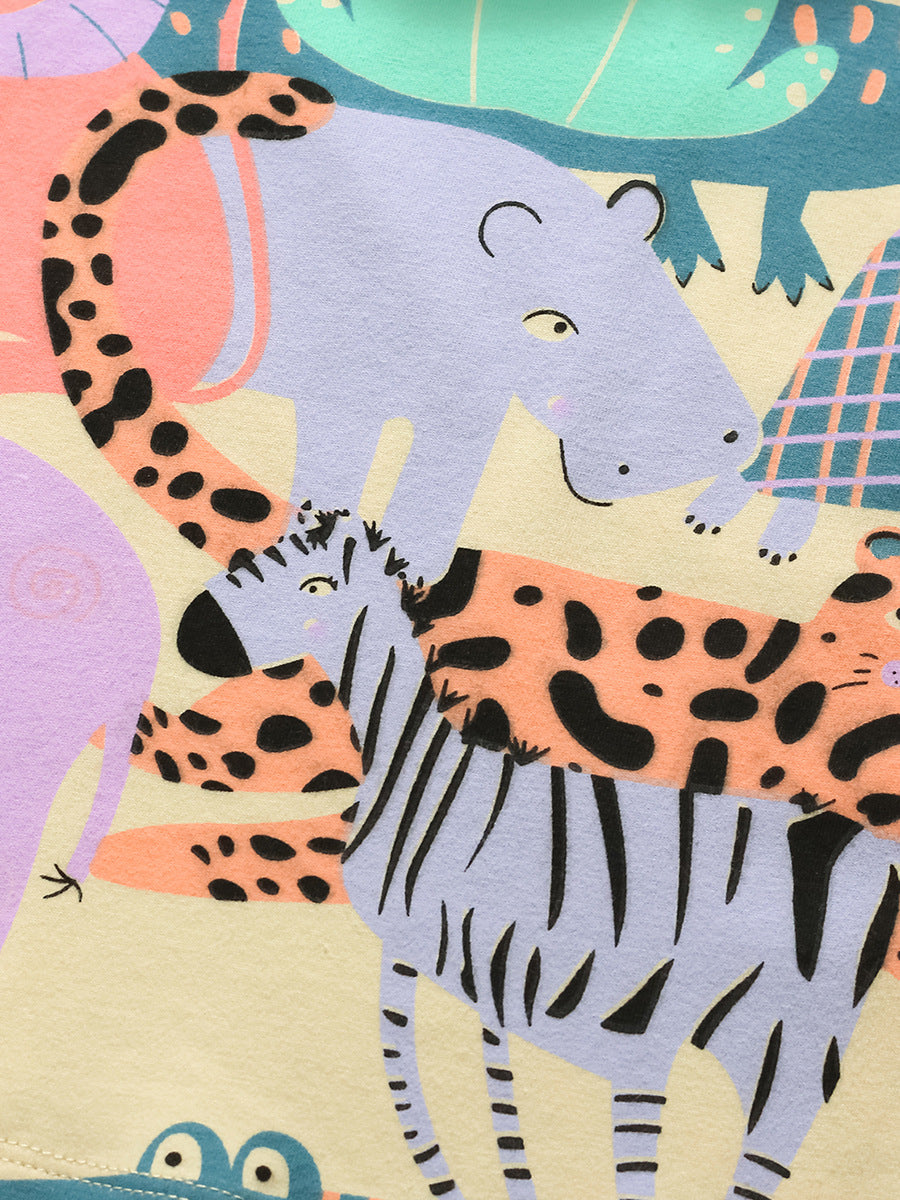 A cute apricot dress for baby girls featuring playful animal and cartoon patterns, perfect for spring and summer wear.