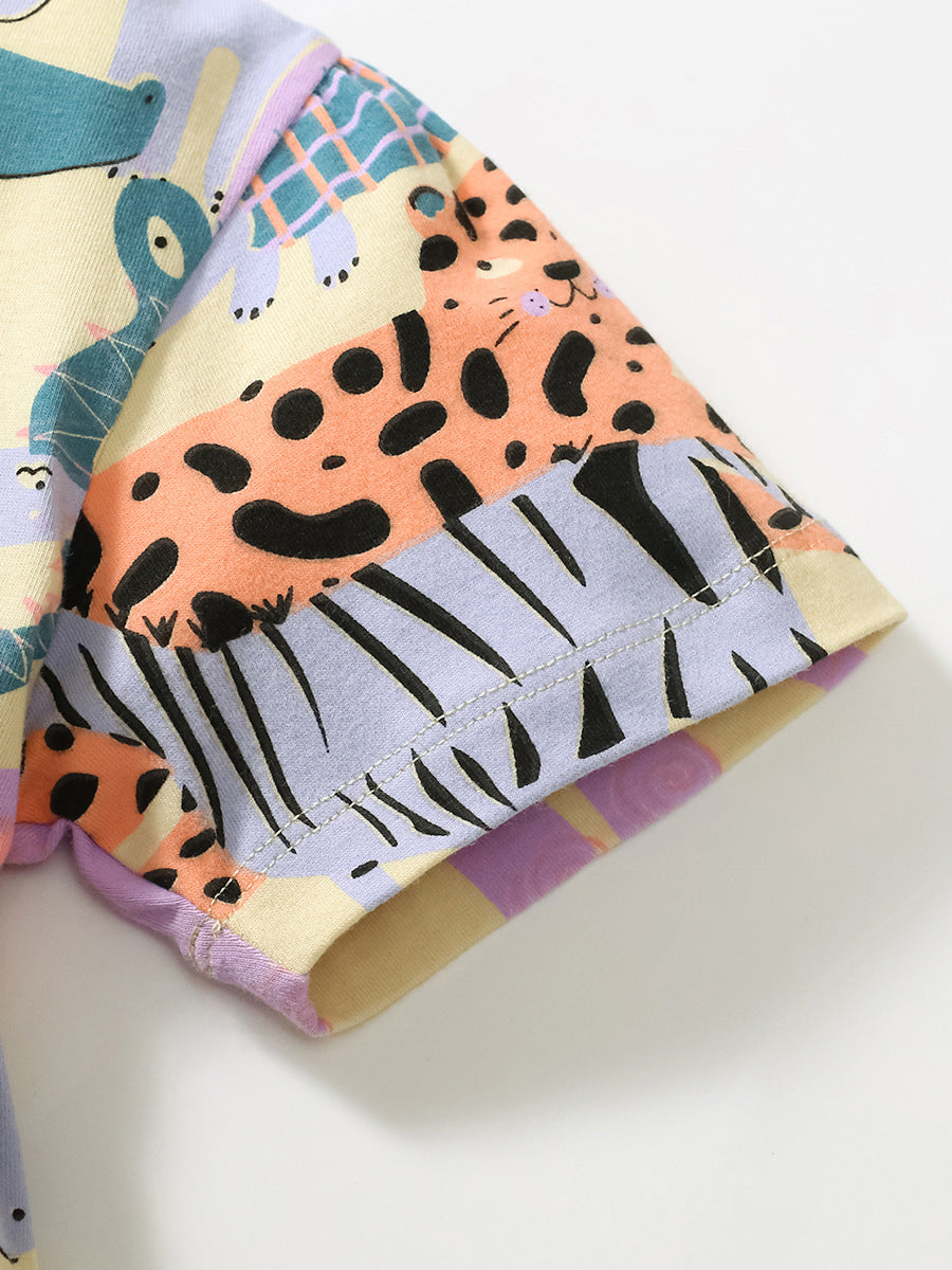 A cute apricot dress for baby girls featuring playful animal and cartoon patterns, perfect for spring and summer wear.