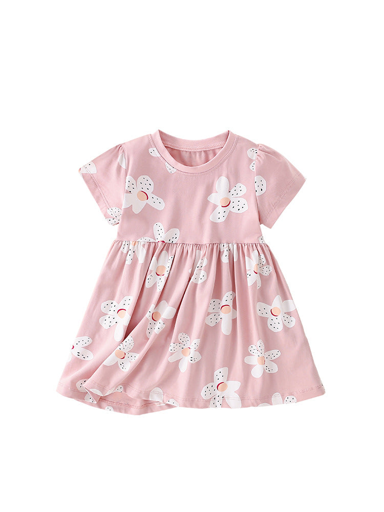 A beautiful pink floral dress for baby girls, featuring short sleeves and a charming design, perfect for spring and summer occasions.