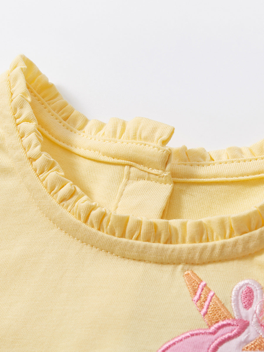 A bright yellow short-sleeved top for baby girls featuring a floral unicorn cartoon design, perfect for spring and summer wear.