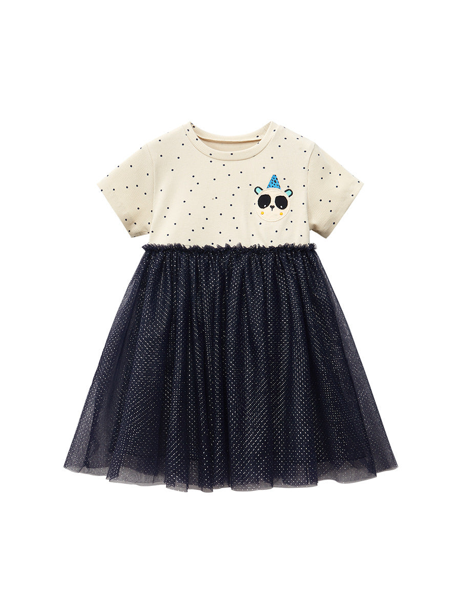 A cute black short-sleeved top for baby girls featuring a panda cartoon design and polka dots, perfect for spring and summer wear.