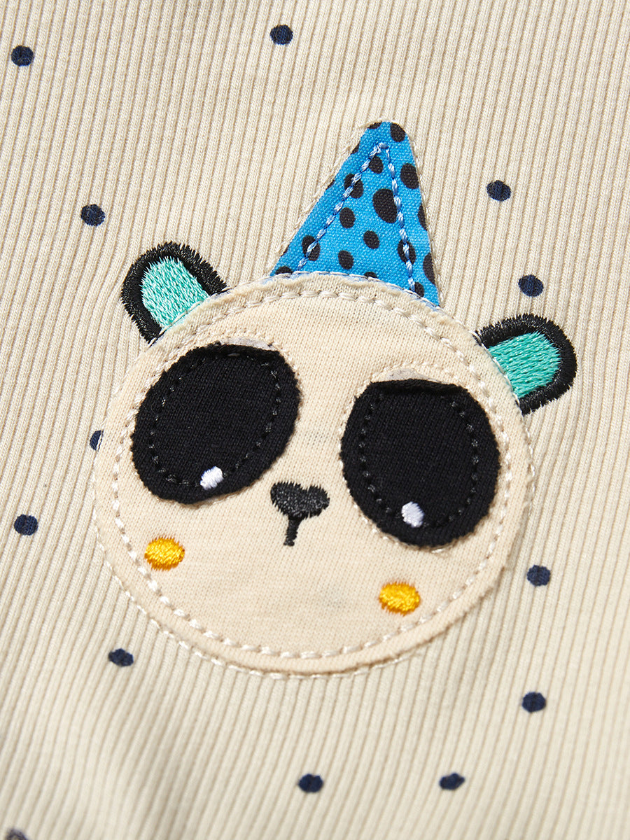 A cute black short-sleeved top for baby girls featuring a panda cartoon design and polka dots, perfect for spring and summer wear.