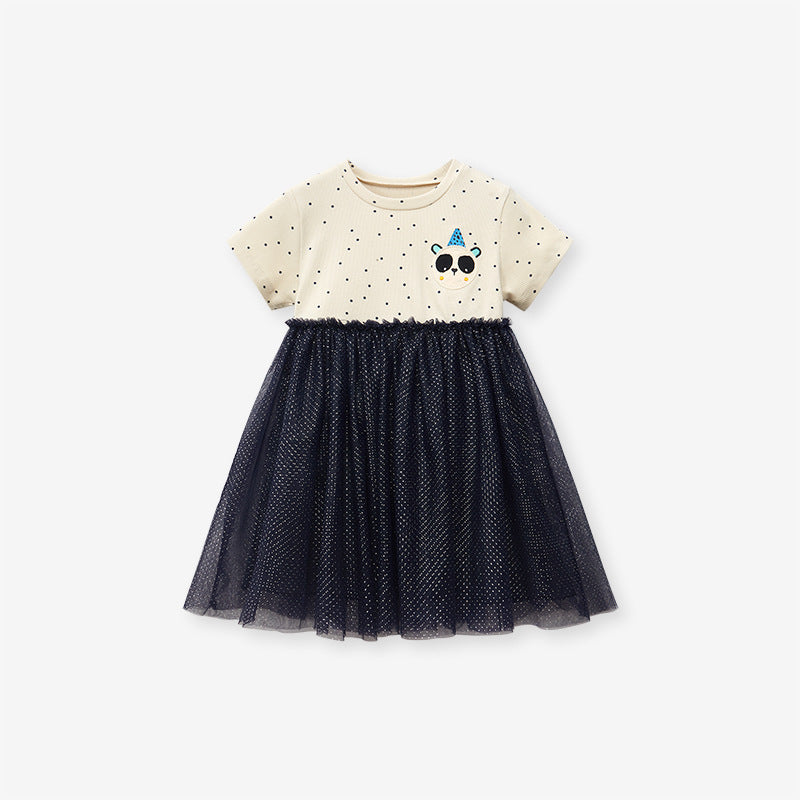 A cute black short-sleeved top for baby girls featuring a panda cartoon design and polka dots, perfect for spring and summer wear.