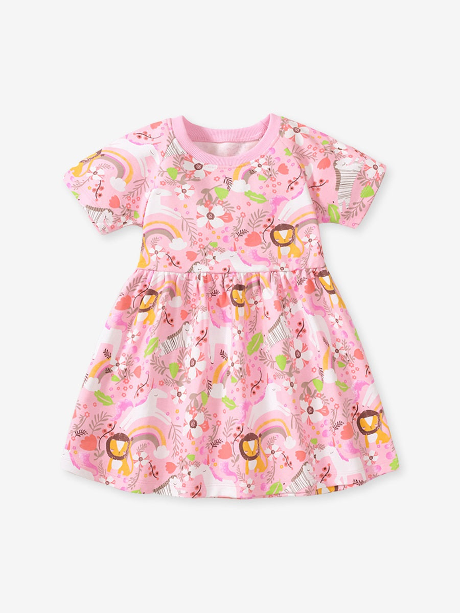 A vibrant pink short-sleeved top for baby girls featuring rainbow animal prints and floral designs, perfect for spring and summer wear.