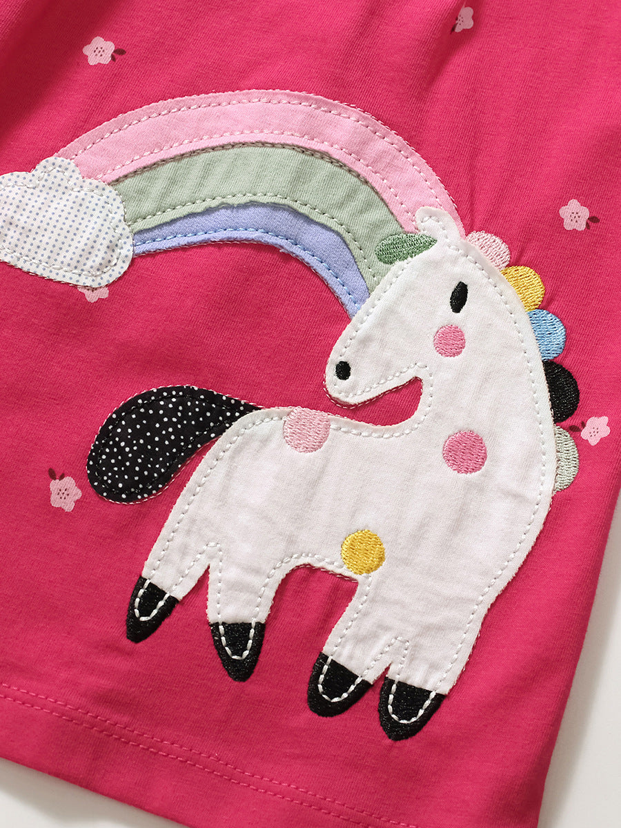 A vibrant pink short-sleeve top for baby girls featuring a rainbow horse and floral design, perfect for spring and summer wear.