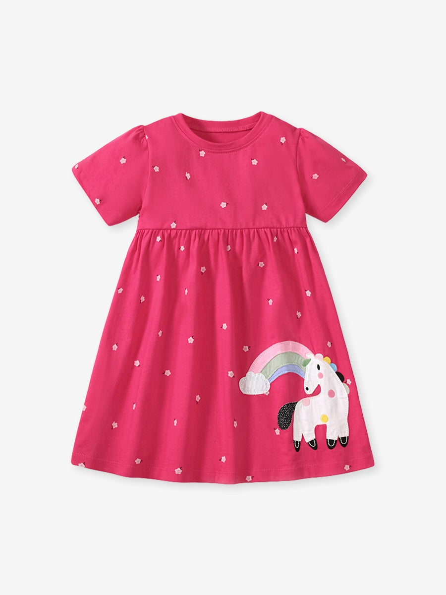 A vibrant pink short-sleeve top for baby girls featuring a rainbow horse and floral design, perfect for spring and summer wear.