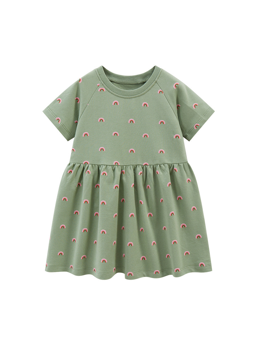 A colorful rainbow pattern dress for baby girls, featuring short sleeves and a soft cotton fabric, perfect for spring and summer wear.