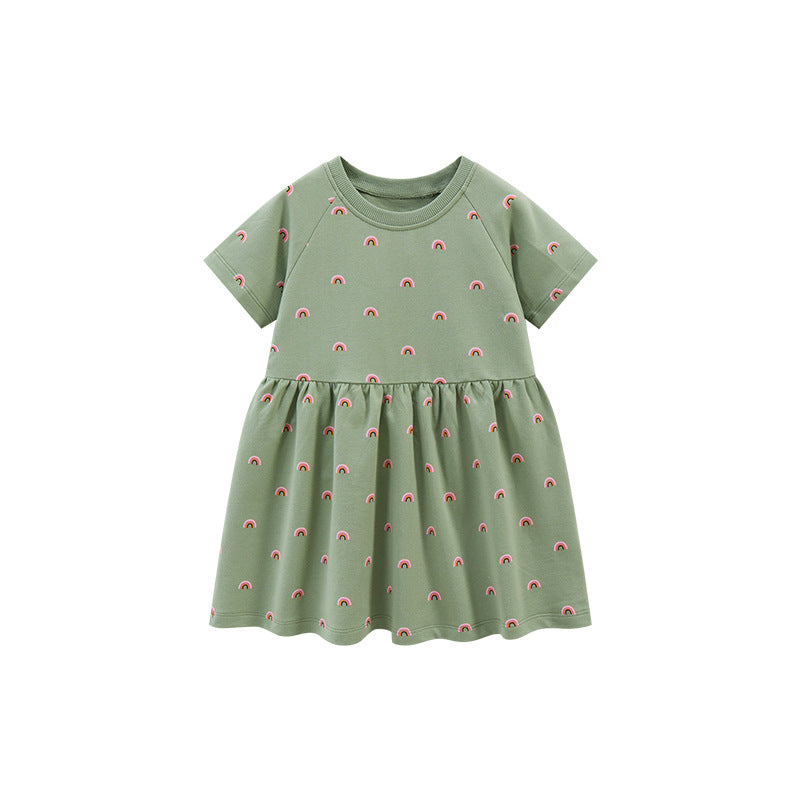A colorful rainbow pattern dress for baby girls, featuring short sleeves and a soft cotton fabric, perfect for spring and summer wear.