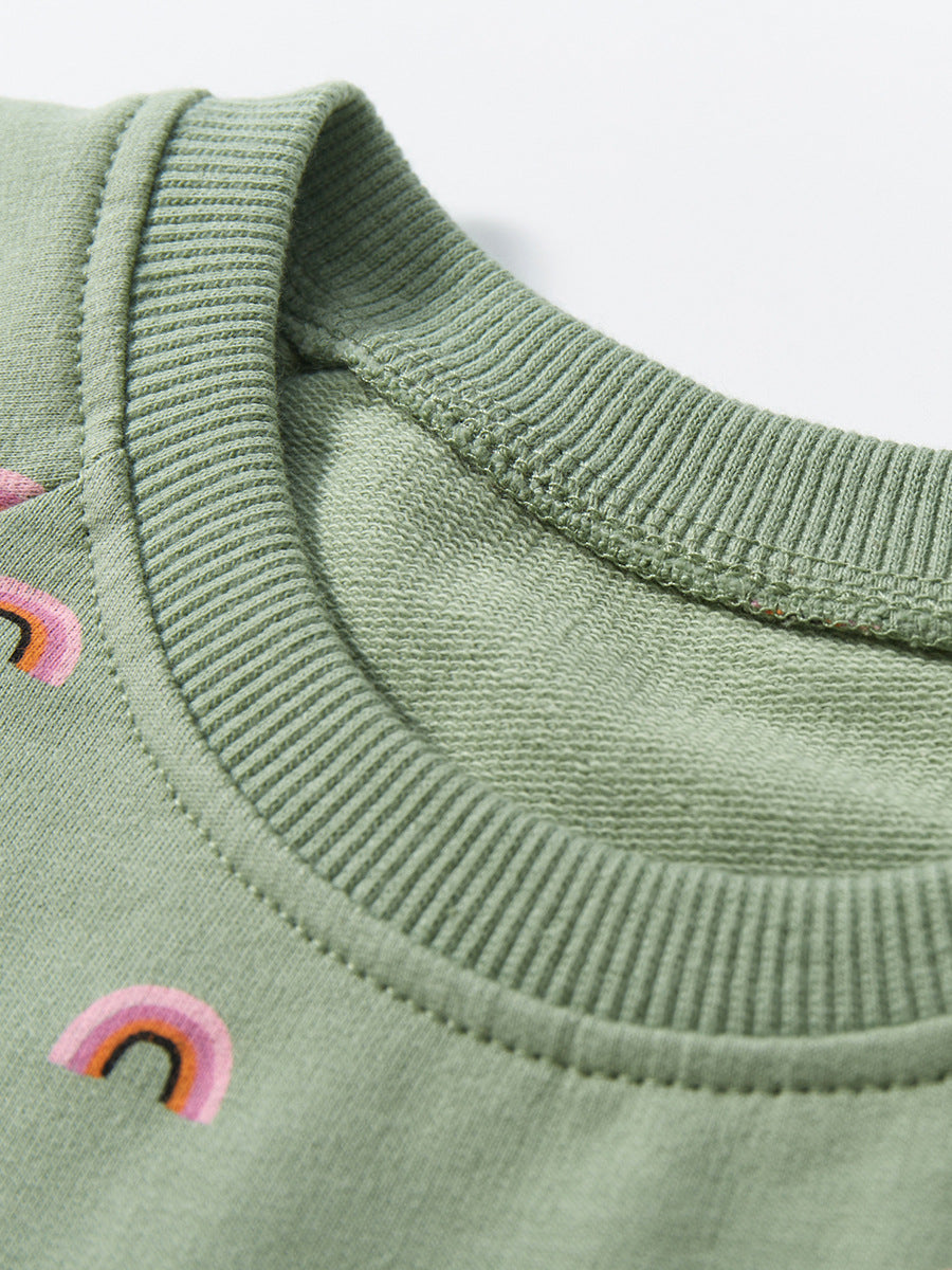 A colorful rainbow pattern dress for baby girls, featuring short sleeves and a soft cotton fabric, perfect for spring and summer wear.