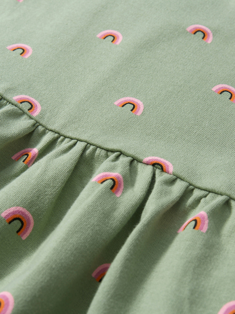 A colorful rainbow pattern dress for baby girls, featuring short sleeves and a soft cotton fabric, perfect for spring and summer wear.