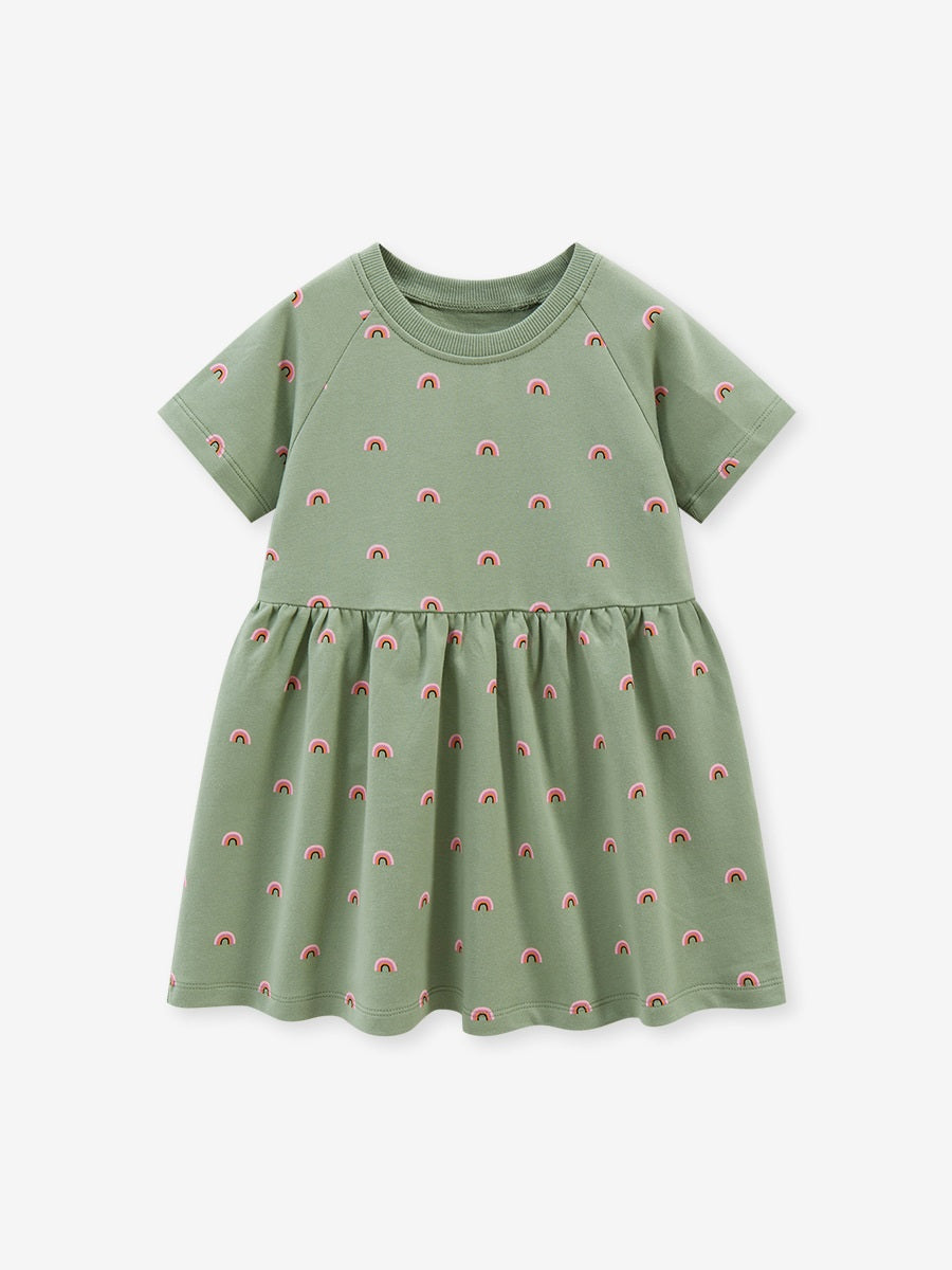A colorful rainbow pattern dress for baby girls, featuring short sleeves and a soft cotton fabric, perfect for spring and summer wear.