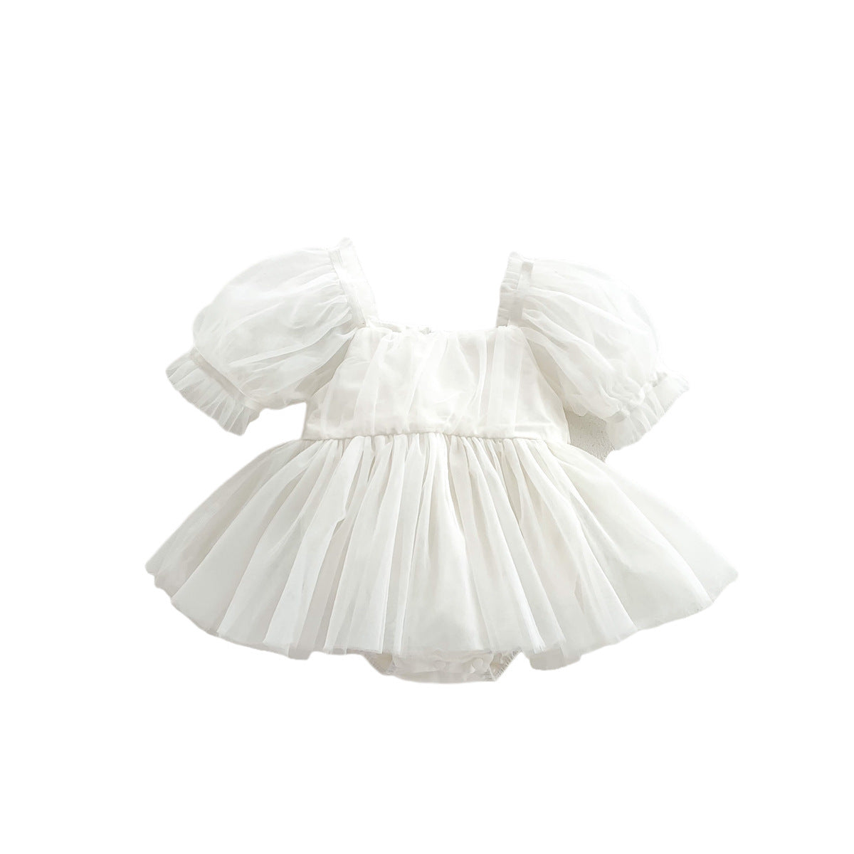 A cute Spring and Summer Baby Girls Short Sleeves Solid Color Mesh Dress in white and pink, perfect for warm weather.