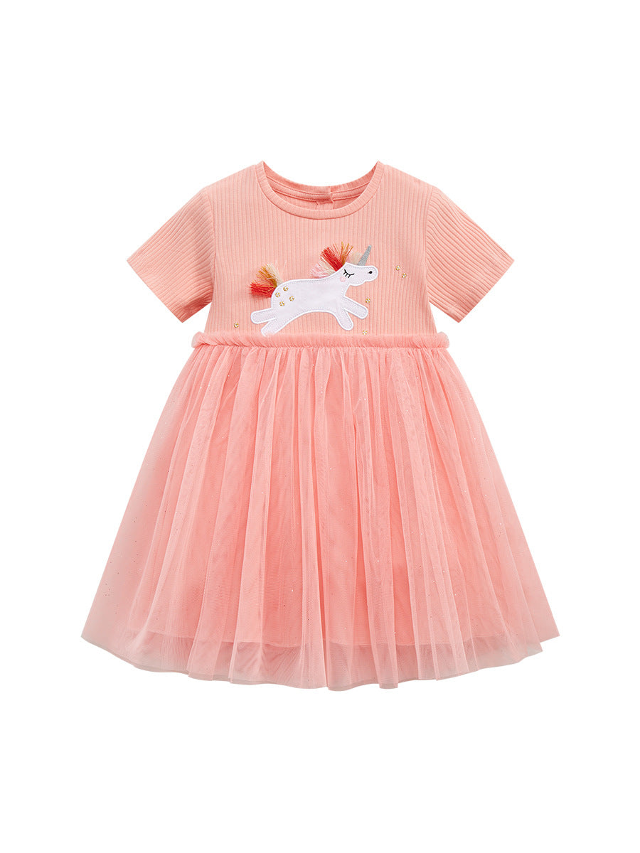 A pink chiffon dress for baby girls featuring a cute unicorn cartoon design, perfect for spring and summer wear.