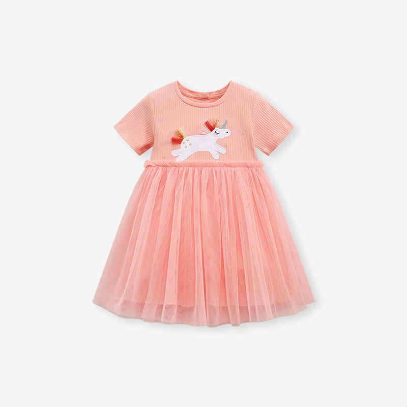 A pink chiffon dress for baby girls featuring a cute unicorn cartoon design, perfect for spring and summer wear.