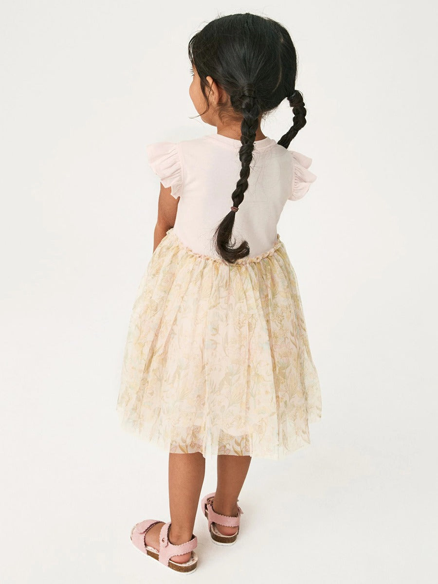 Light pink baby girls' short sleeve top featuring unicorn and floral cartoon designs, perfect for spring and summer wear.