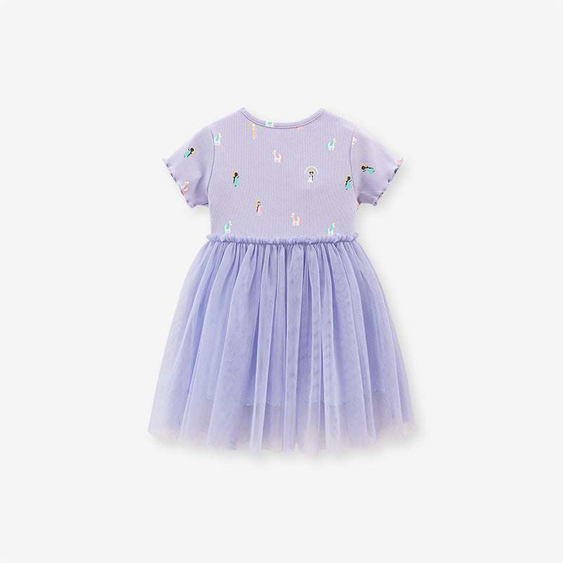 A vibrant purple short-sleeve top for baby girls featuring a playful unicorn cartoon design, perfect for spring and summer wear.
