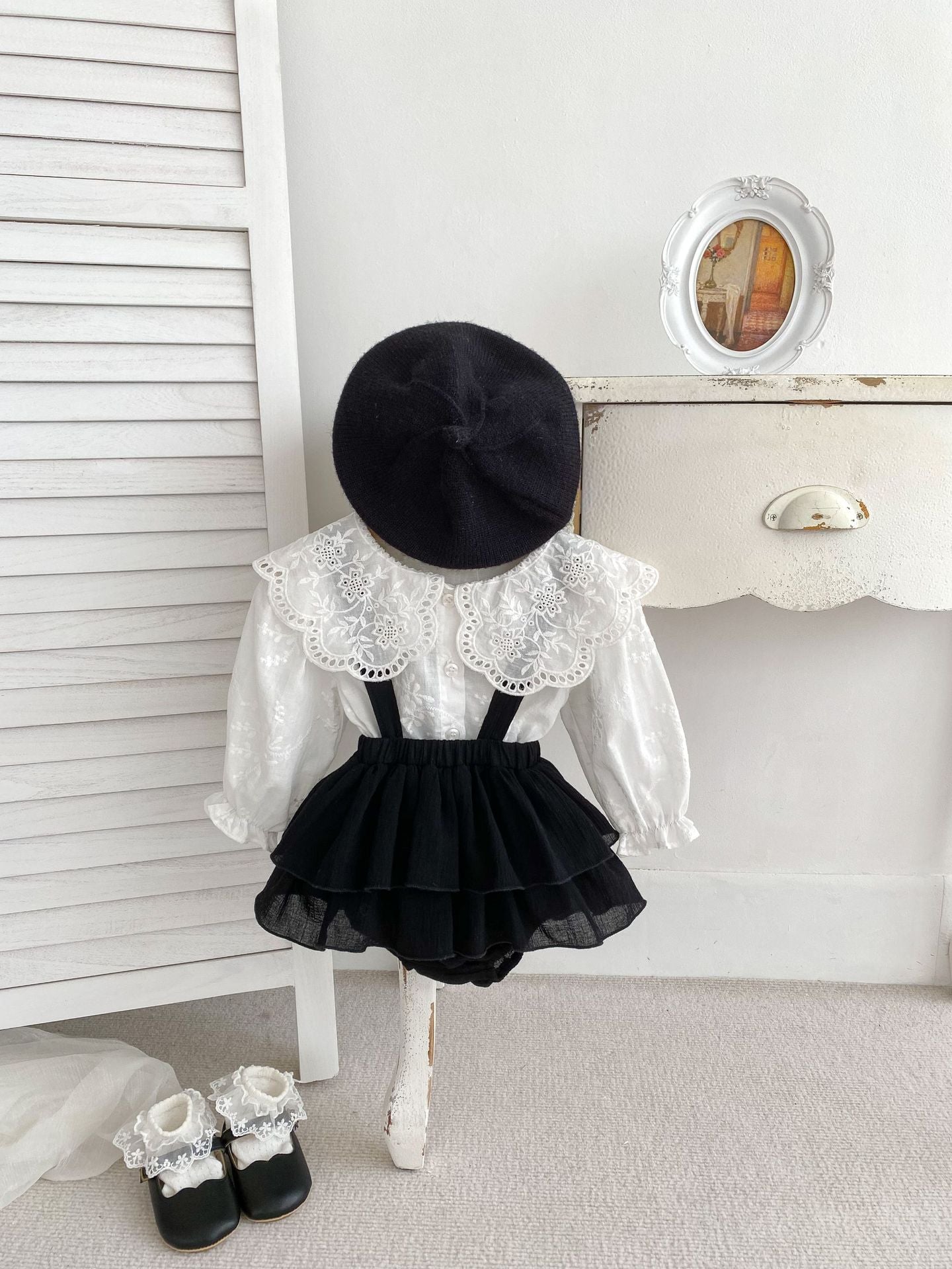 Spring Baby and Kids Girls Floral White Shirt and Black Skirt Beret, featuring a floral embroidered shirt and a stylish black skirt.