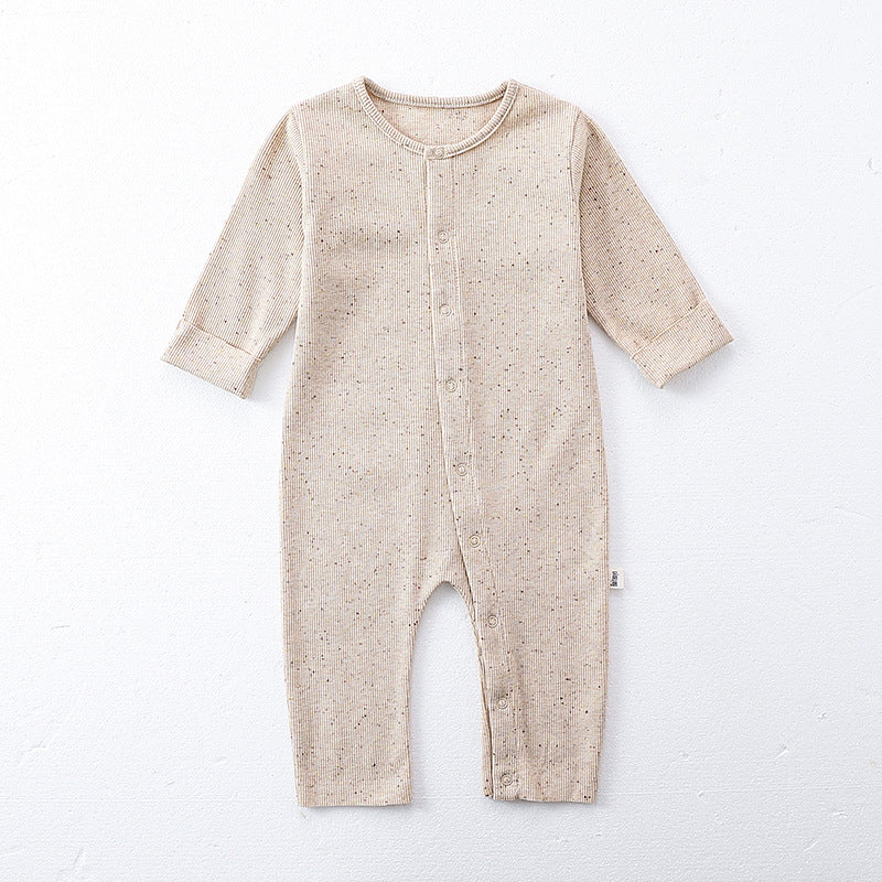Spring Baby Boys and Girls Long Sleeves Onesie with Hat in beige and apricot colors featuring a cute dot pattern.