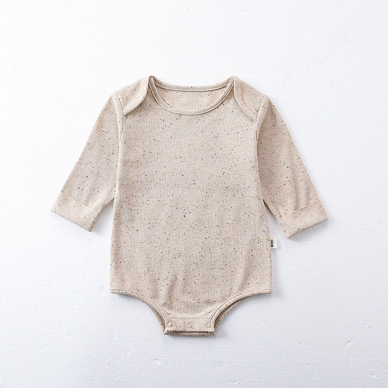 Spring Baby Boys and Girls Long Sleeves Onesie with Hat in beige and apricot colors featuring a cute dot pattern.