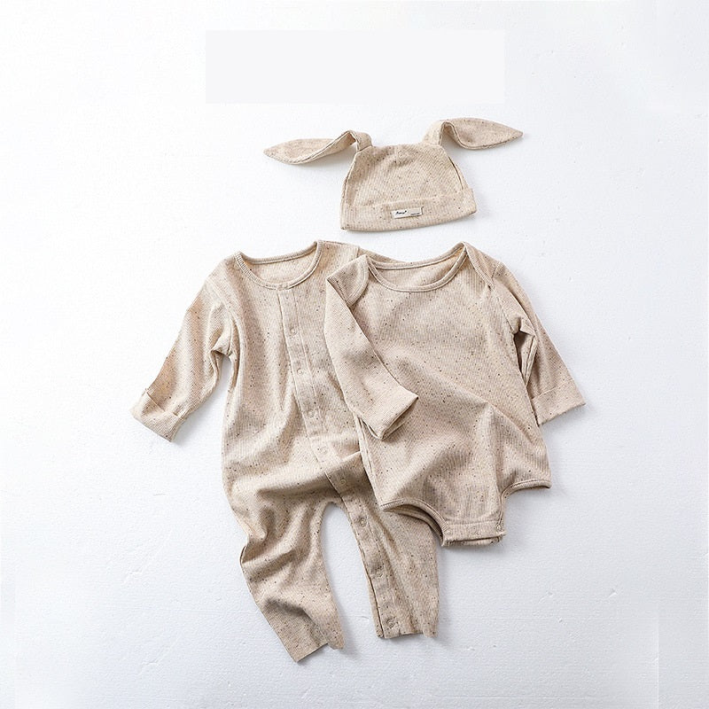 Spring Baby Boys and Girls Long Sleeves Onesie with Hat in beige and apricot colors featuring a cute dot pattern.