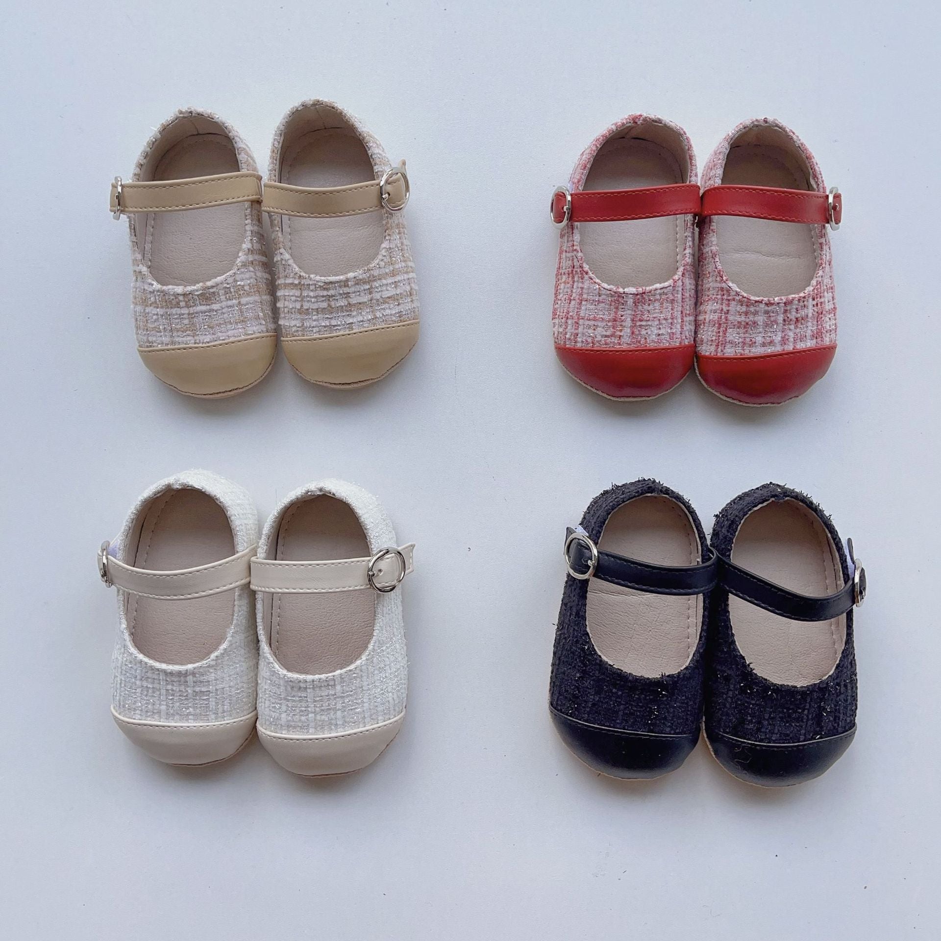 Colorful patchwork soft-sole shoes for baby girls, featuring anti-slip design and available in multiple colors.