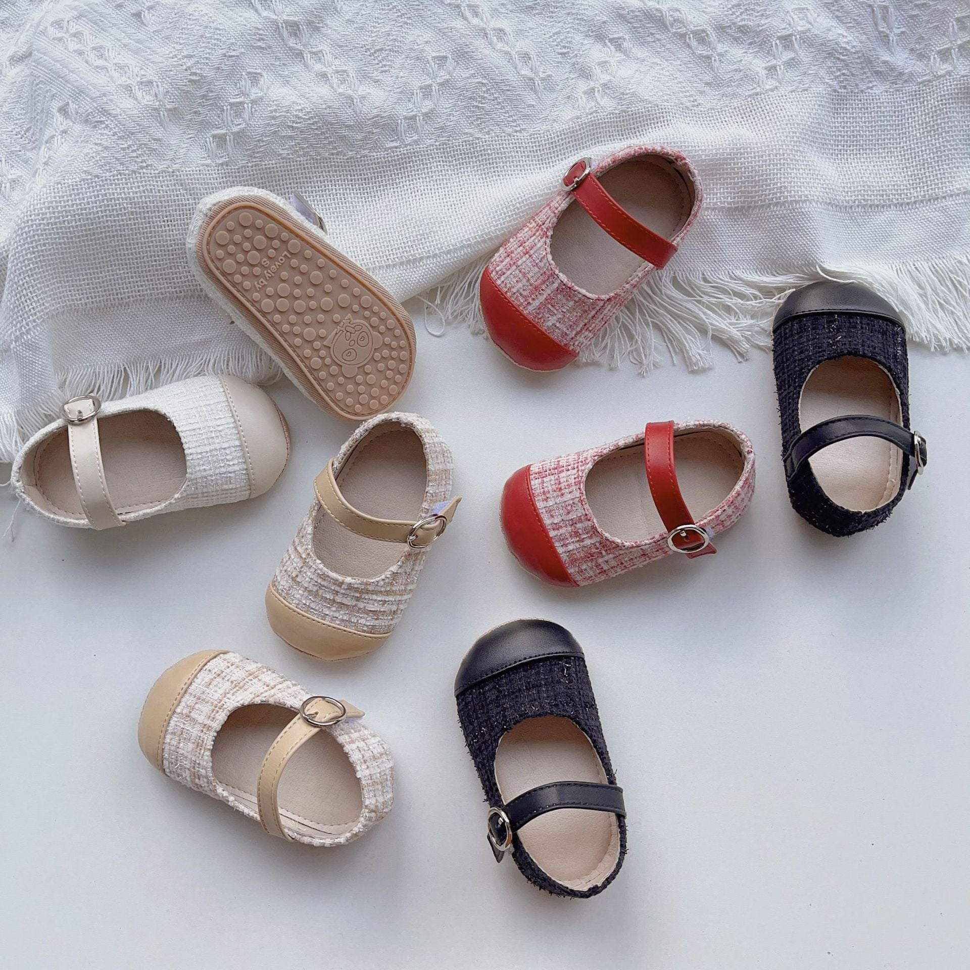 Colorful patchwork soft-sole shoes for baby girls, featuring anti-slip design and available in multiple colors.