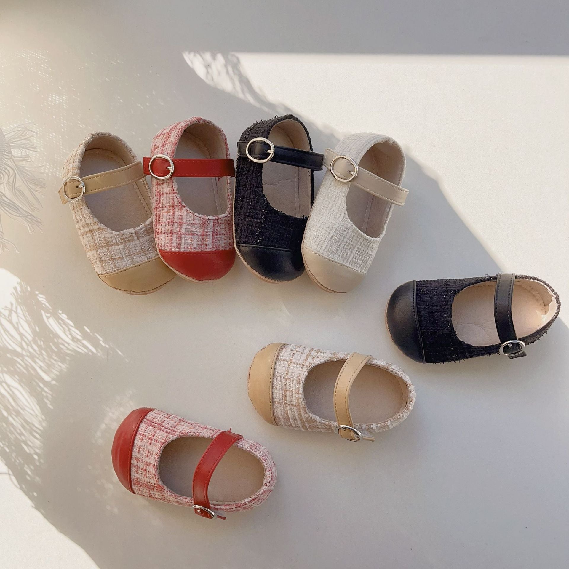 Colorful patchwork soft-sole shoes for baby girls, featuring anti-slip design and available in multiple colors.