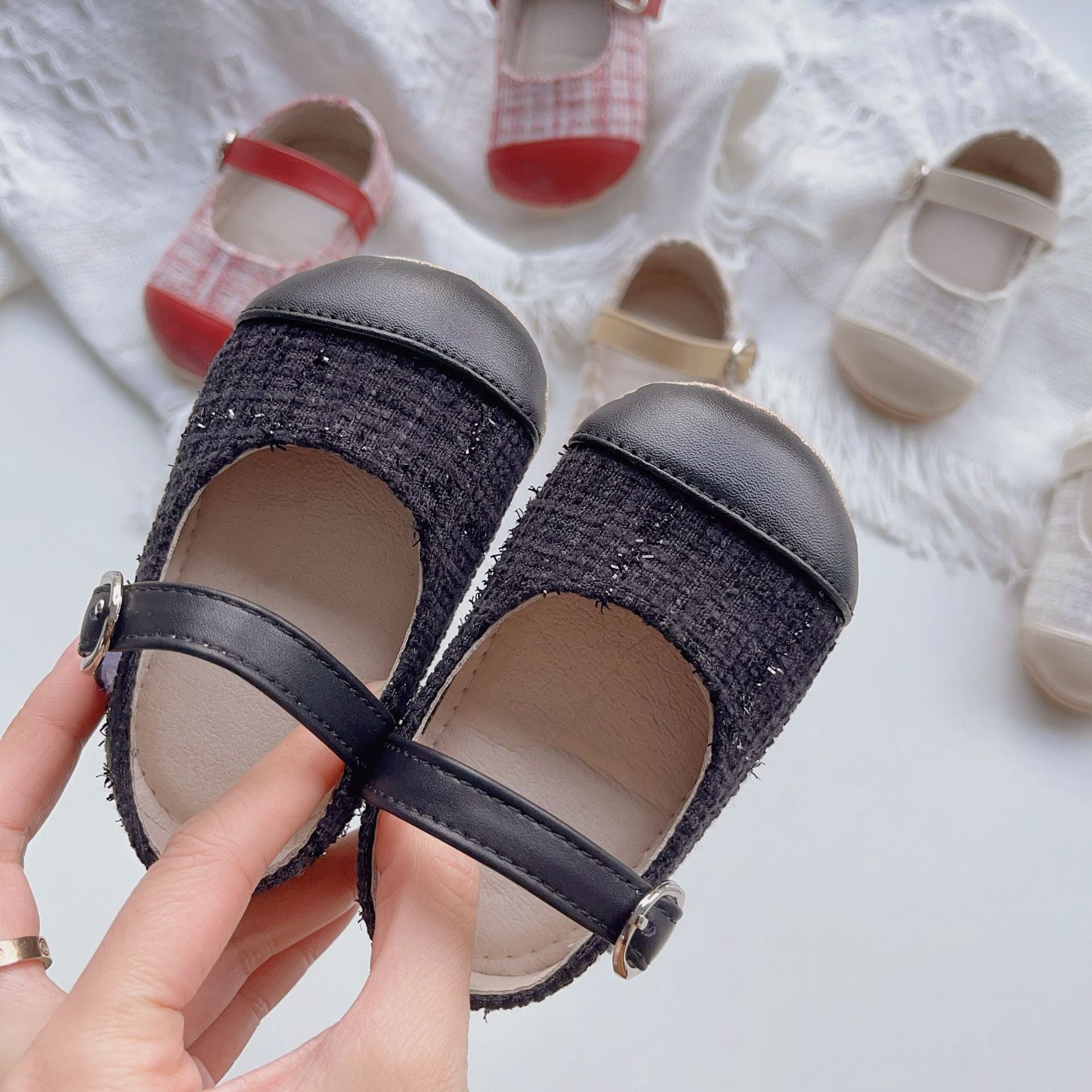 Colorful patchwork soft-sole shoes for baby girls, featuring anti-slip design and available in multiple colors.