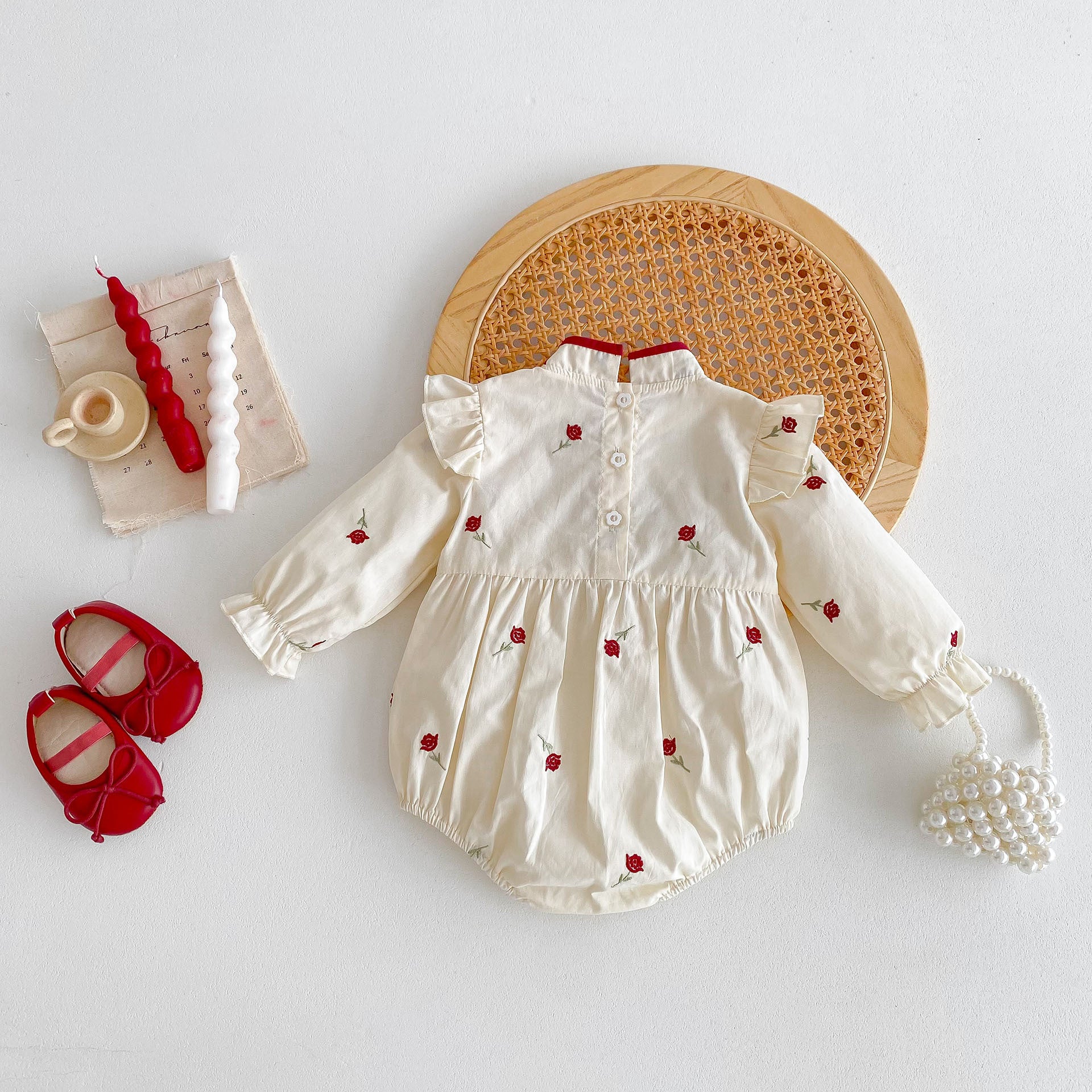 Spring Baby Girls Long Sleeves Floral Rose Print Onesie in beige, featuring a beautiful floral design, perfect for spring and autumn wear.