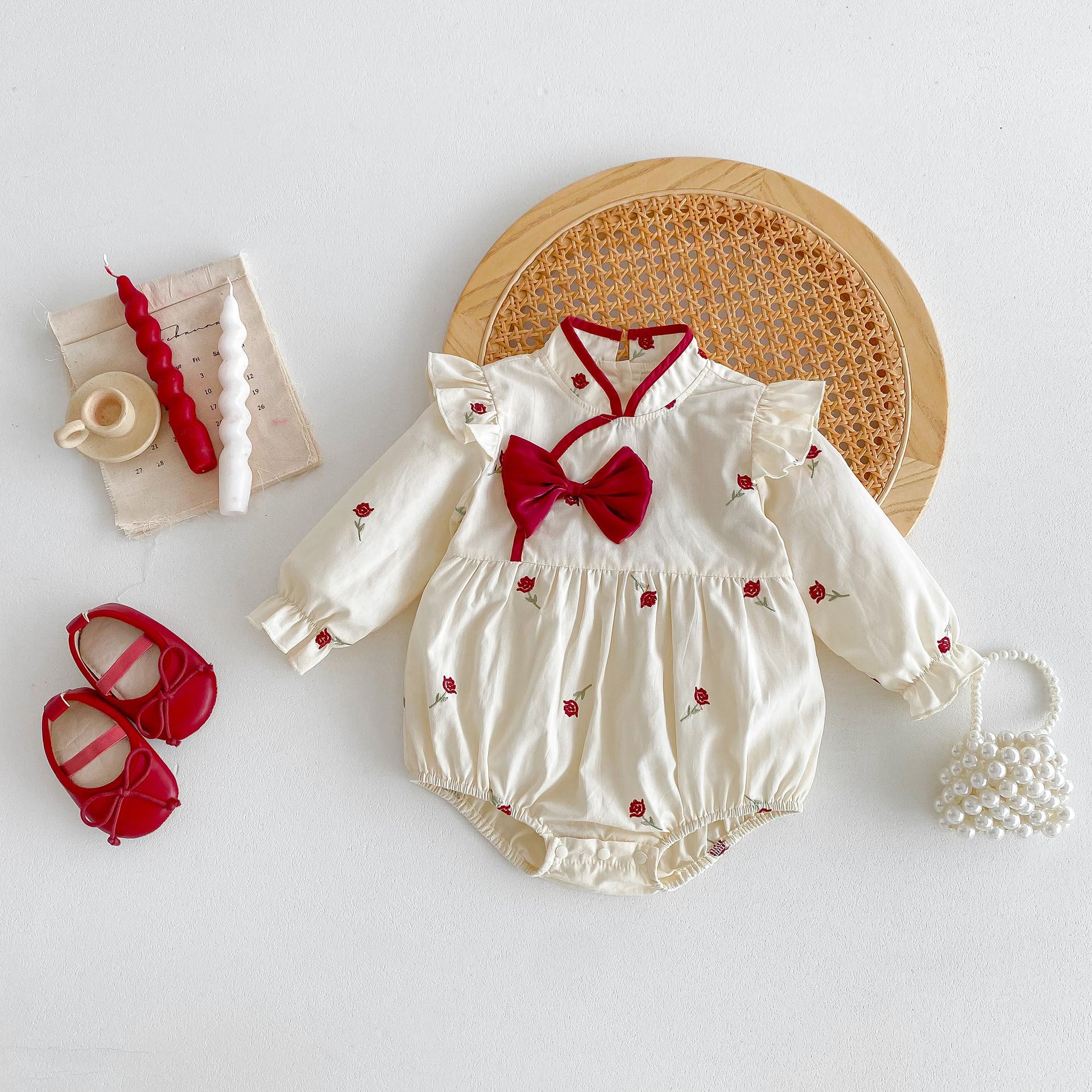 Spring Baby Girls Long Sleeves Floral Rose Print Onesie in beige, featuring a beautiful floral design, perfect for spring and autumn wear.