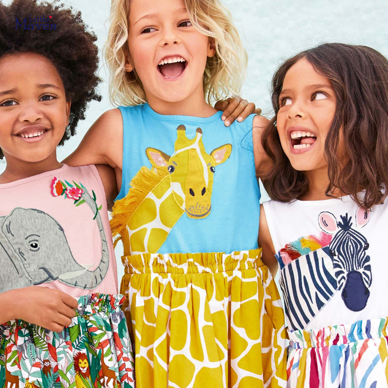 Spring Baby Girls Sleeveless Dress featuring colorful animal designs in pink and yellow, perfect for playful occasions.