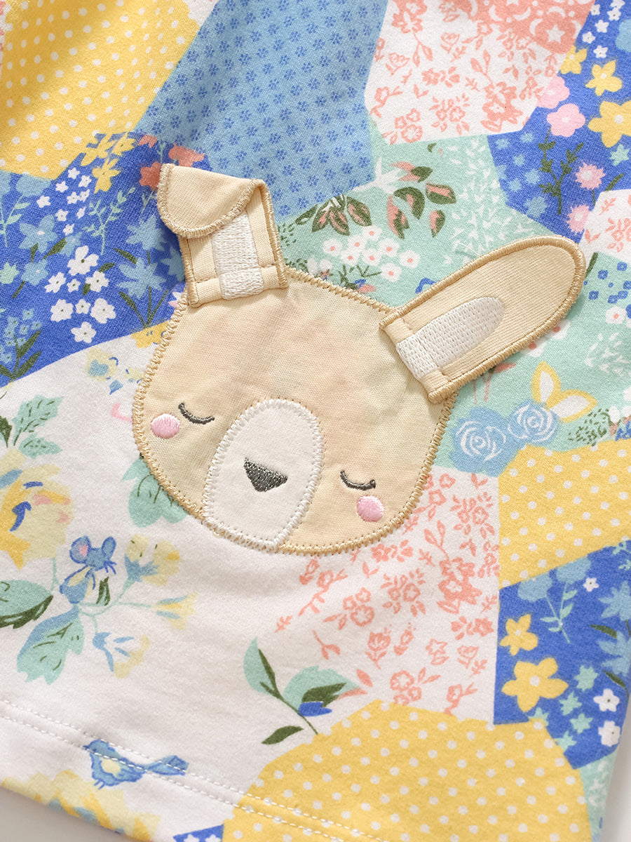 Spring Baby Girls Kids Long Sleeve Dress featuring cartoon patchwork design in vibrant purple color, perfect for spring and autumn wear.